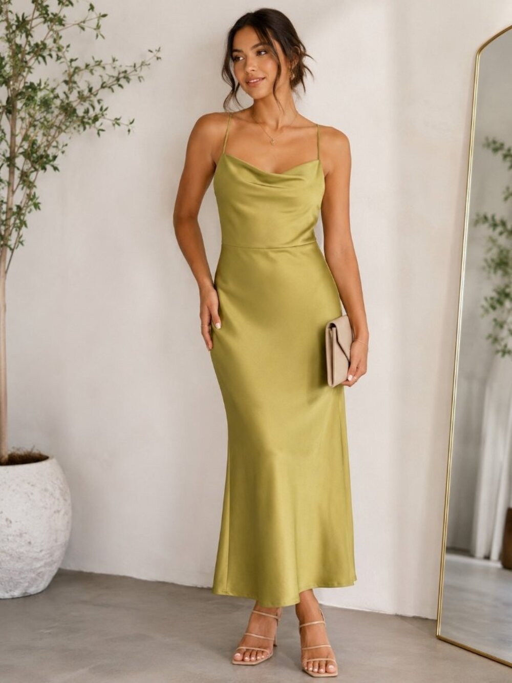A New Day Olive Green Satin Slip Midi Dress Women's Small Cowl Neck. WL377